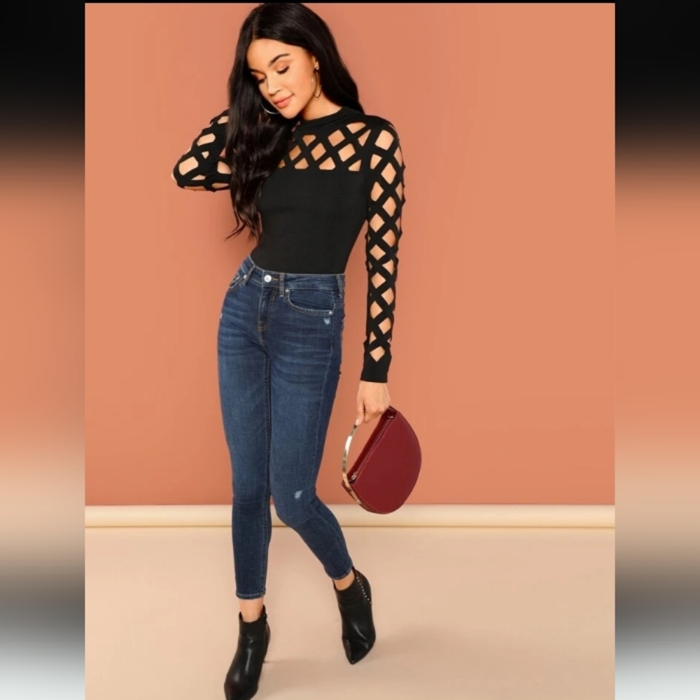 SHEIN Black Geometric Cutout Bodysuit